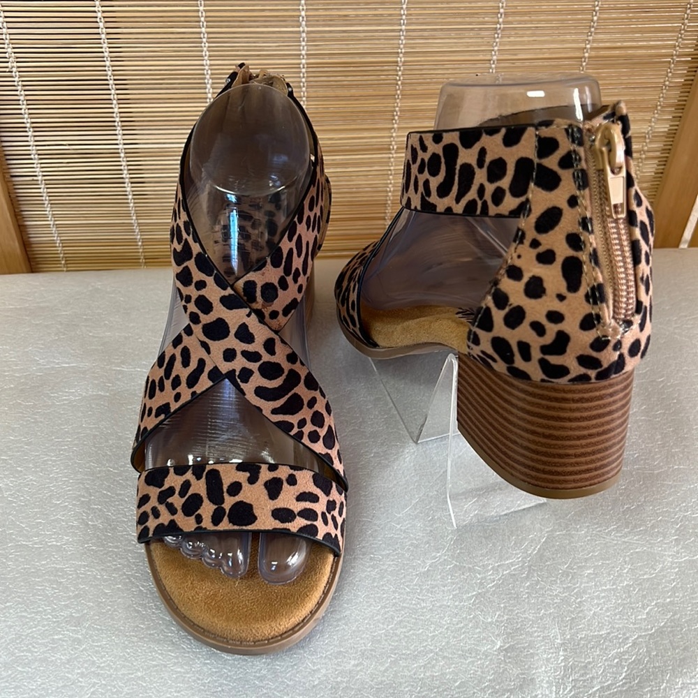 Qupid Doria Leopard Suede Low Block Heel Sandal